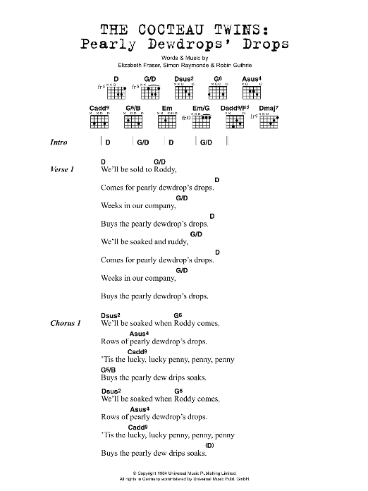 The Cocteau Twins Pearly Dewdrops' Drops sheet music notes and chords arranged for Guitar Chords/Lyrics