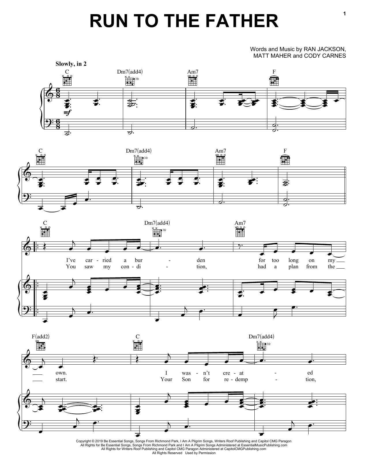 Cody Carnes Run To The Father sheet music notes and chords arranged for Piano, Vocal & Guitar Chords (Right-Hand Melody)