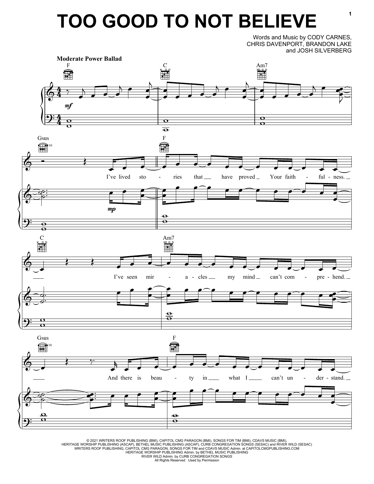 Cody Carnes Too Good To Not Believe (feat. Brandon Lake) sheet music notes and chords arranged for Piano, Vocal & Guitar Chords (Right-Hand Melody)