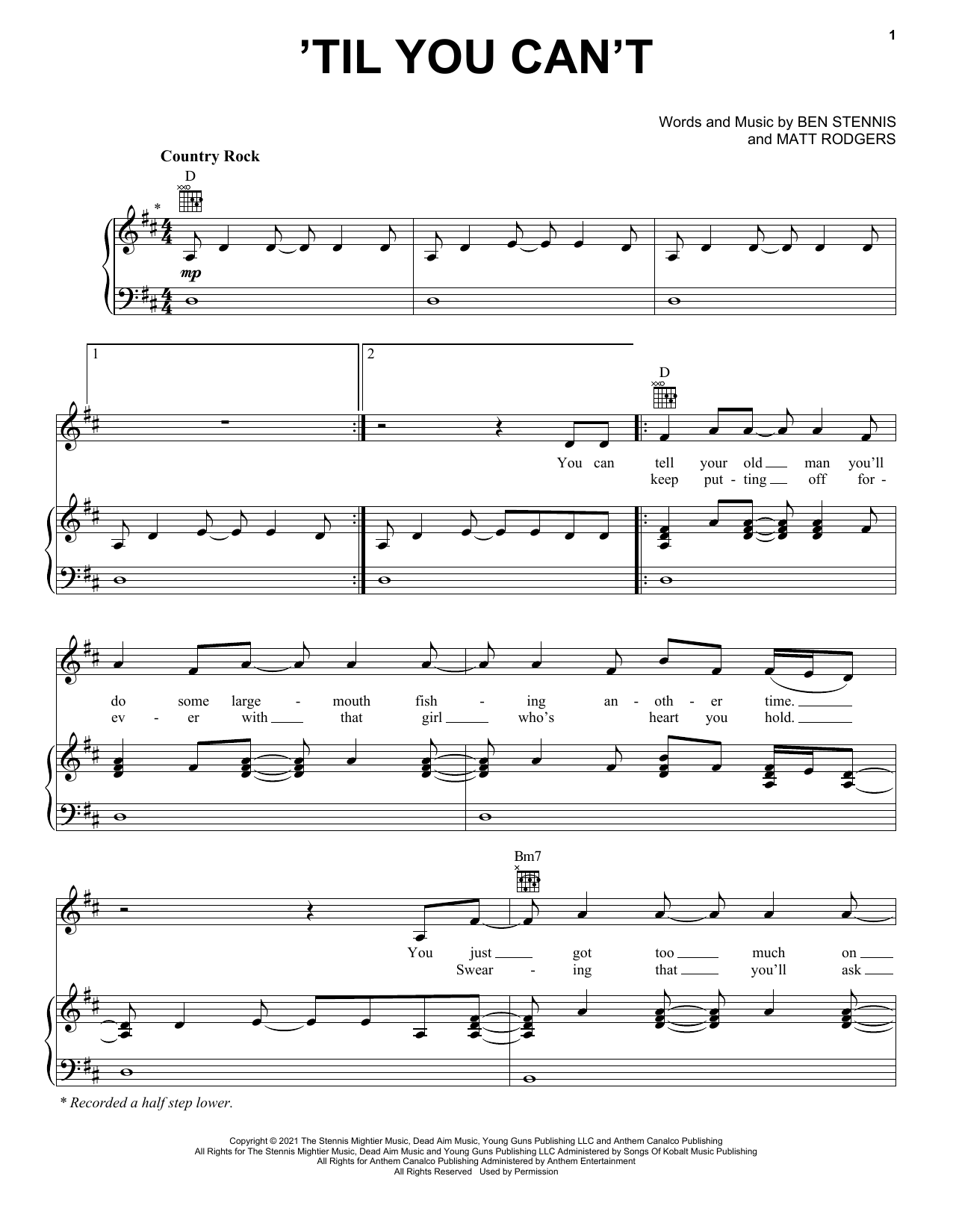 Cody Johnson 'Til You Can't sheet music notes and chords arranged for Piano, Vocal & Guitar Chords (Right-Hand Melody)