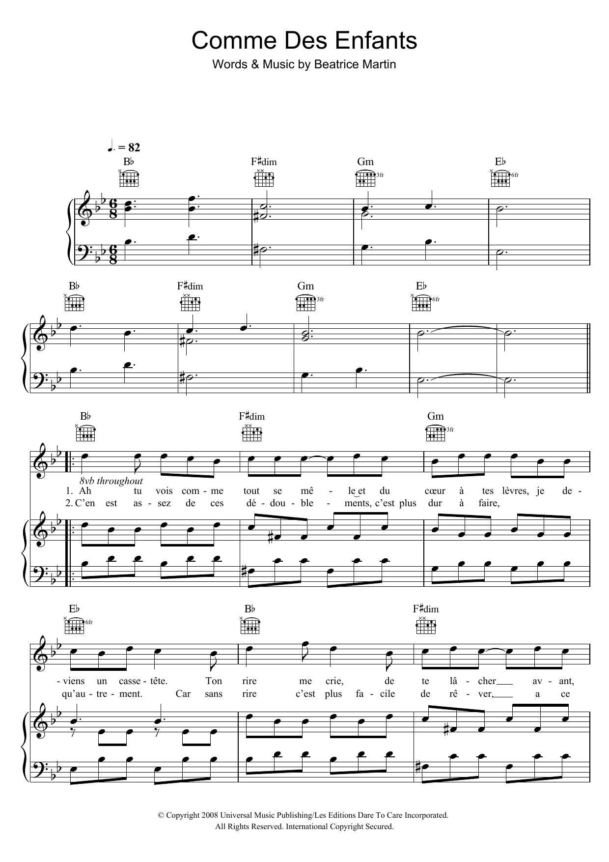 Coeur De Pirate Comme Des Enfants sheet music notes and chords arranged for Piano, Vocal & Guitar Chords