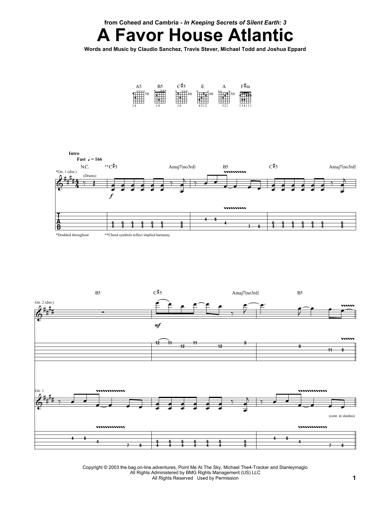 Coheed And Cambria A Favor House Atlantic sheet music notes and chords arranged for Guitar Tab