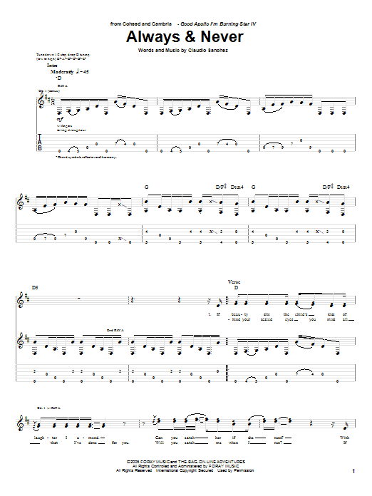 Coheed And Cambria Always & Never sheet music notes and chords arranged for Guitar Tab