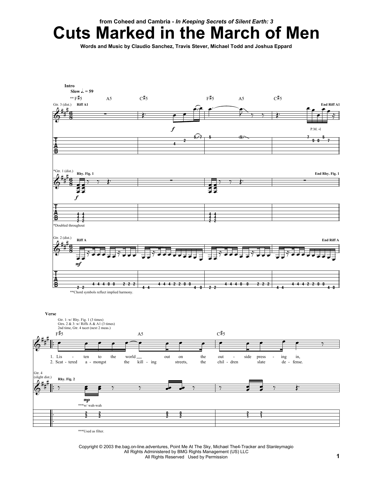 Coheed And Cambria Cuts Marked In The March Of Men sheet music notes and chords arranged for Guitar Tab