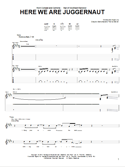 Coheed And Cambria Here We Are Juggernaut sheet music notes and chords arranged for Guitar Tab
