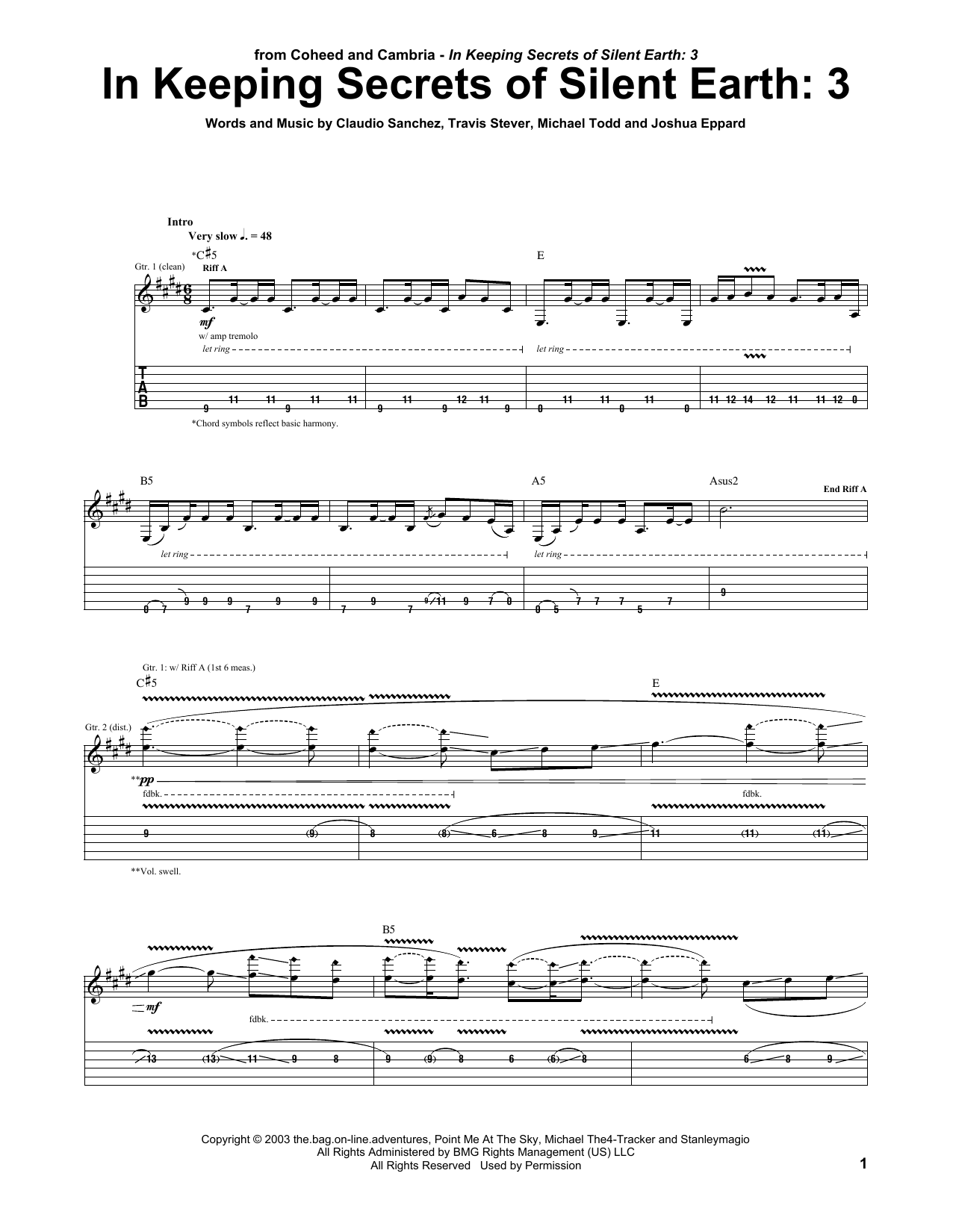 Coheed And Cambria In Keeping Secrets Of Silent Earth: 3 sheet music notes and chords arranged for Guitar Tab