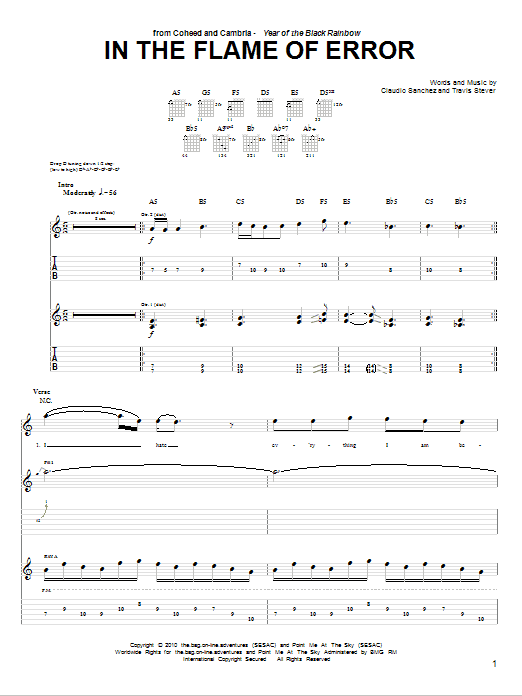 Coheed And Cambria In The Flame Of Error sheet music notes and chords arranged for Guitar Tab