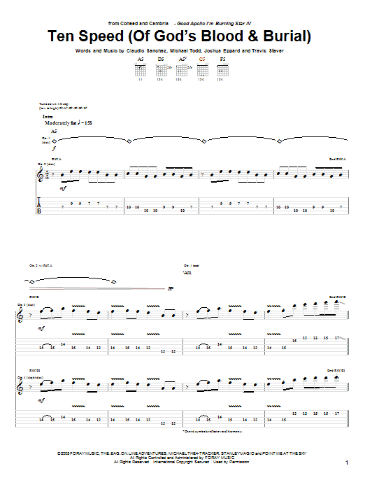 Coheed And Cambria Ten Speed (Of God's Blood & Burial) sheet music notes and chords arranged for Guitar Tab