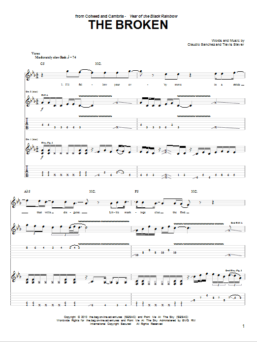 Coheed And Cambria The Broken sheet music notes and chords arranged for Guitar Tab