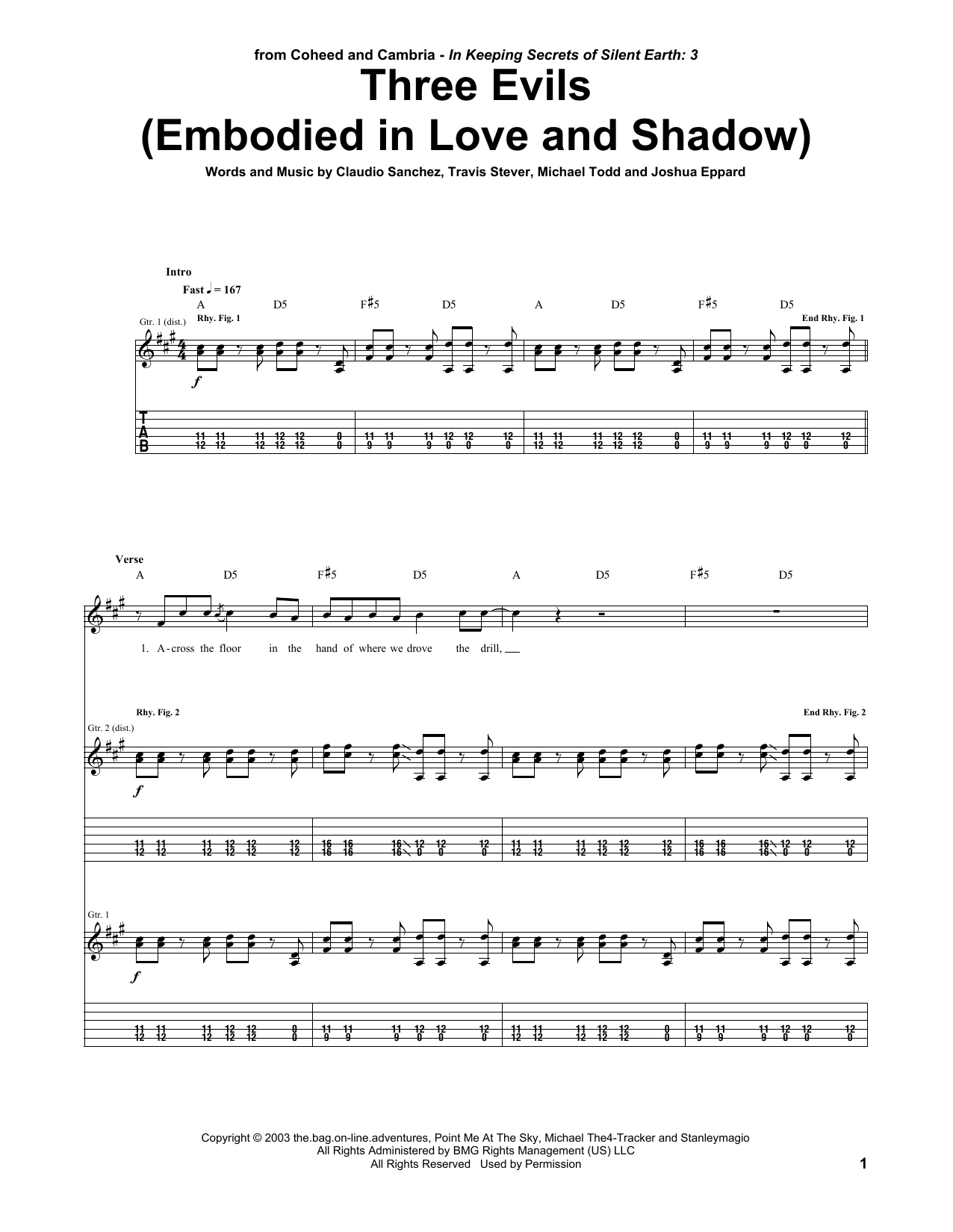 Coheed And Cambria Three Evils (Embodied In Love And Shadow) sheet music notes and chords arranged for Guitar Tab