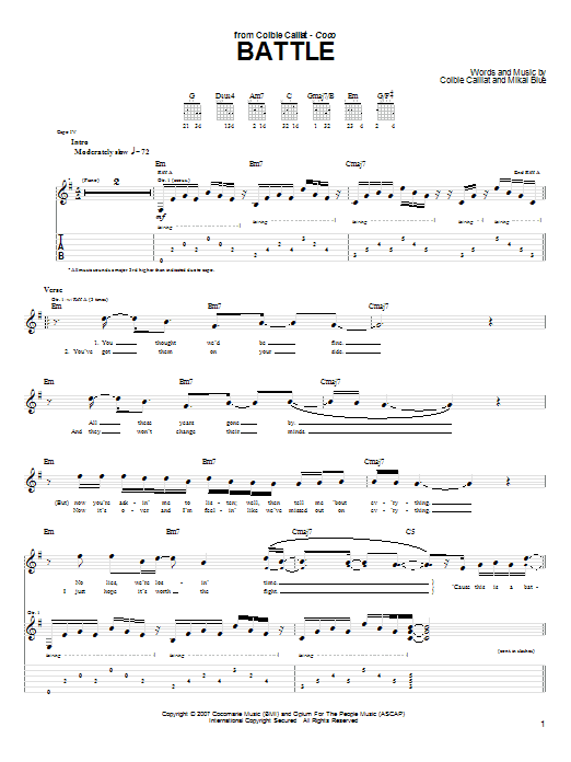 Colbie Caillat Battle sheet music notes and chords arranged for Guitar Tab