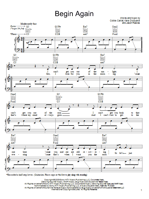 Colbie Caillat Begin Again sheet music notes and chords arranged for Guitar Chords/Lyrics