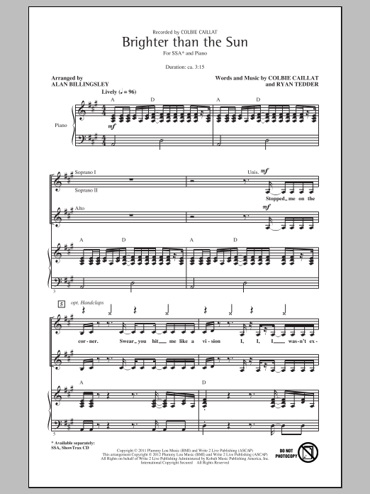 Colbie Caillat Brighter Than The Sun (arr. Alan Billingsley) sheet music notes and chords arranged for SATB Choir