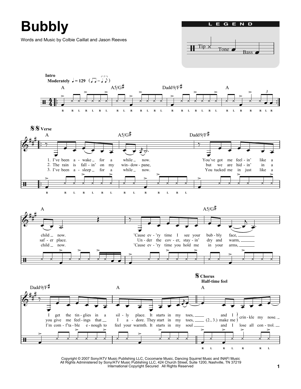 Colbie Caillat Bubbly (for Acoustic Guitar, Voice and Cajón) sheet music notes and chords arranged for Drums Transcription