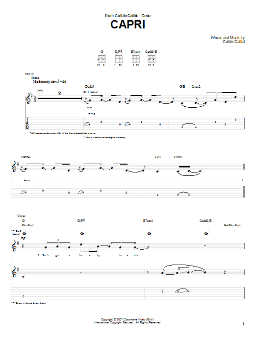 Colbie Caillat Capri sheet music notes and chords arranged for Piano, Vocal & Guitar Chords (Right-Hand Melody)