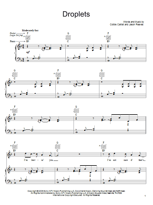 Colbie Caillat Droplets sheet music notes and chords arranged for Guitar Chords/Lyrics