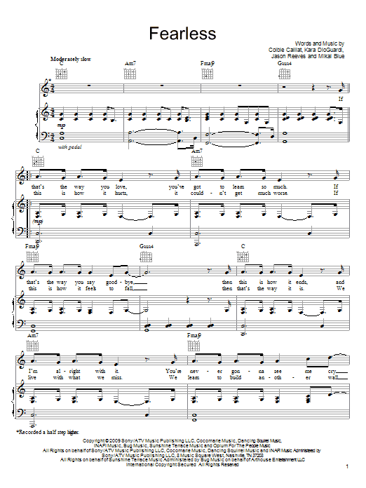 Colbie Caillat Fearless sheet music notes and chords arranged for Piano, Vocal & Guitar Chords (Right-Hand Melody)