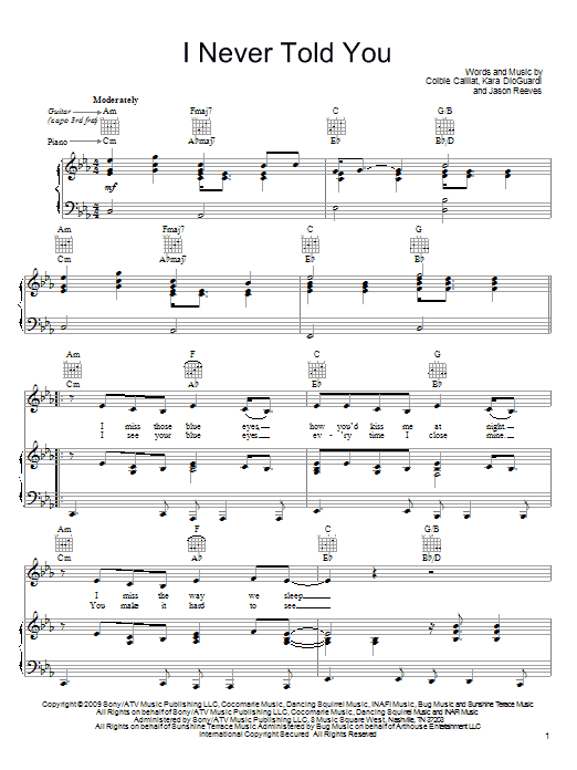 Colbie Caillat I Never Told You sheet music notes and chords arranged for Guitar Chords/Lyrics