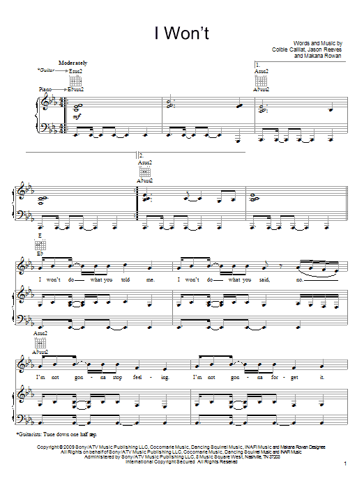 Colbie Caillat I Won't sheet music notes and chords arranged for Guitar Chords/Lyrics