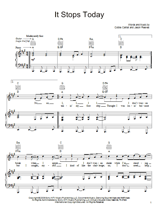 Colbie Caillat It Stops Today sheet music notes and chords arranged for Piano, Vocal & Guitar Chords (Right-Hand Melody)