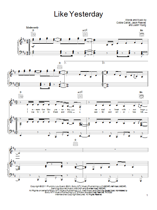 Colbie Caillat Like Yesterday sheet music notes and chords arranged for Piano, Vocal & Guitar Chords (Right-Hand Melody)