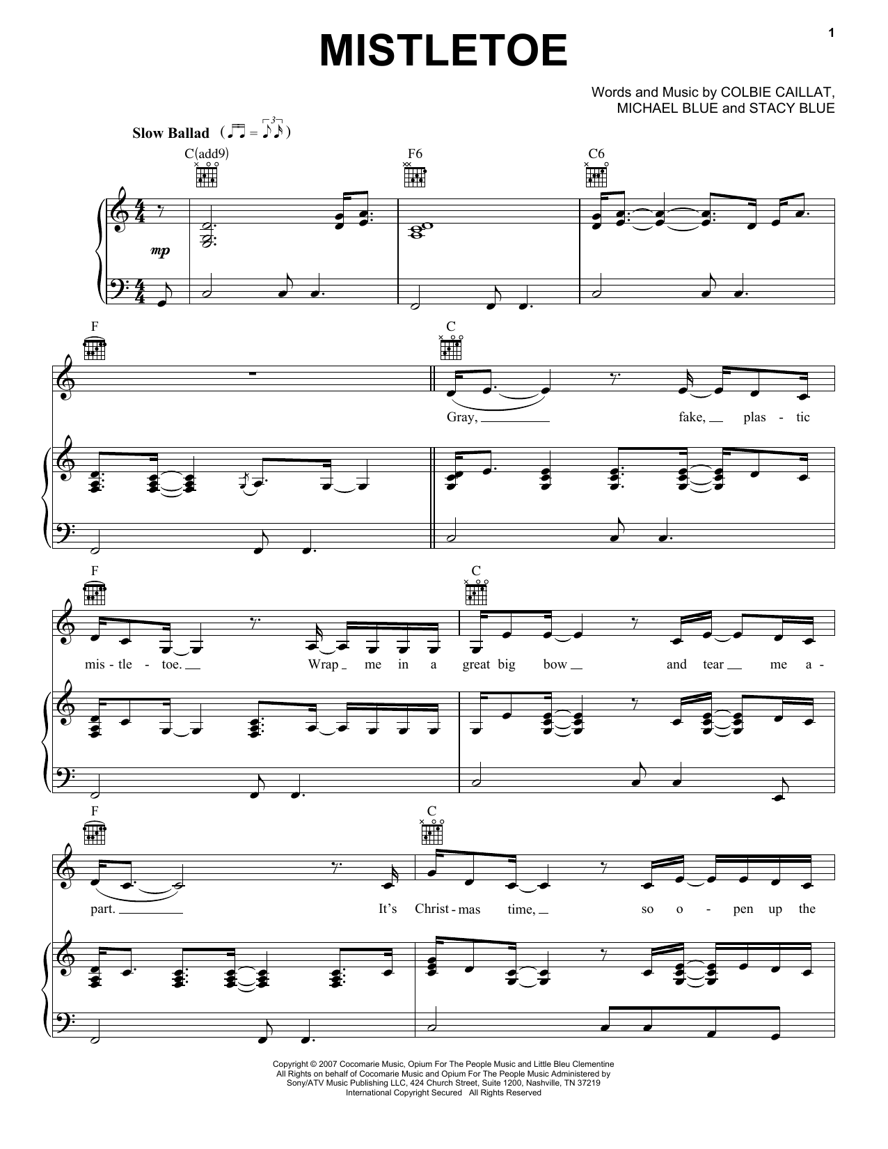 Colbie Caillat Mistletoe sheet music notes and chords arranged for Piano, Vocal & Guitar Chords (Right-Hand Melody)