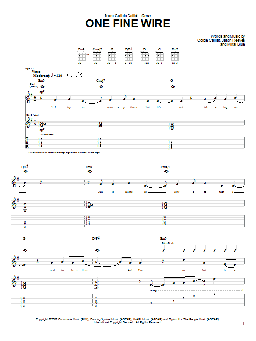 Colbie Caillat One Fine Wire sheet music notes and chords arranged for Piano, Vocal & Guitar Chords (Right-Hand Melody)