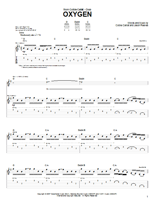 Colbie Caillat Oxygen sheet music notes and chords arranged for Guitar Tab