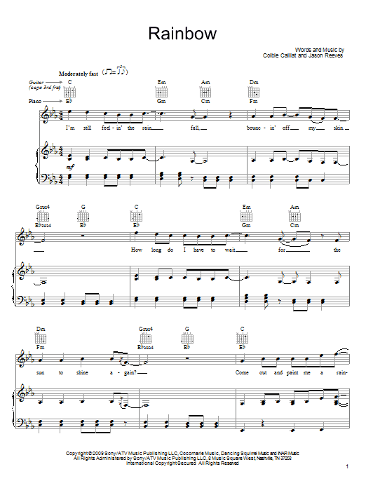 Colbie Caillat Rainbow sheet music notes and chords arranged for Piano, Vocal & Guitar Chords (Right-Hand Melody)