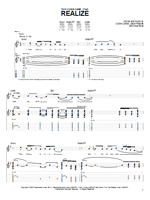 Colbie Caillat Realize sheet music notes and chords arranged for Guitar Tab