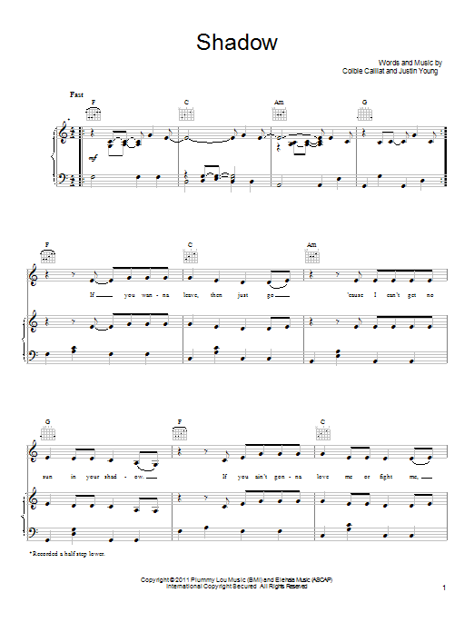 Colbie Caillat Shadow sheet music notes and chords arranged for Piano, Vocal & Guitar Chords (Right-Hand Melody)