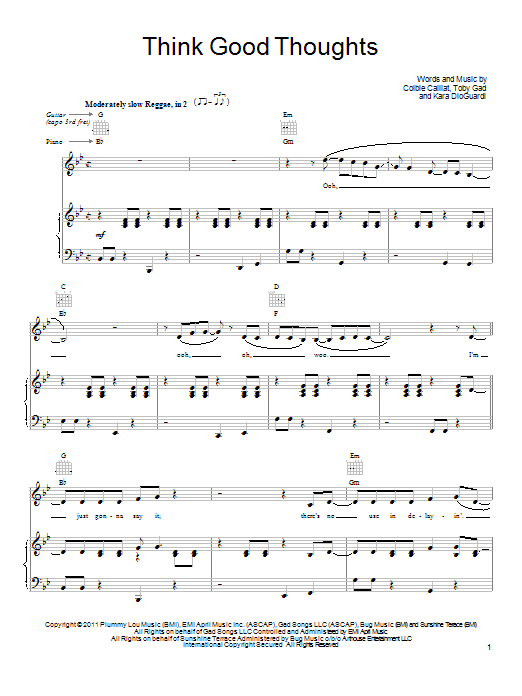 Colbie Caillat Think Good Thoughts sheet music notes and chords arranged for Piano, Vocal & Guitar Chords (Right-Hand Melody)