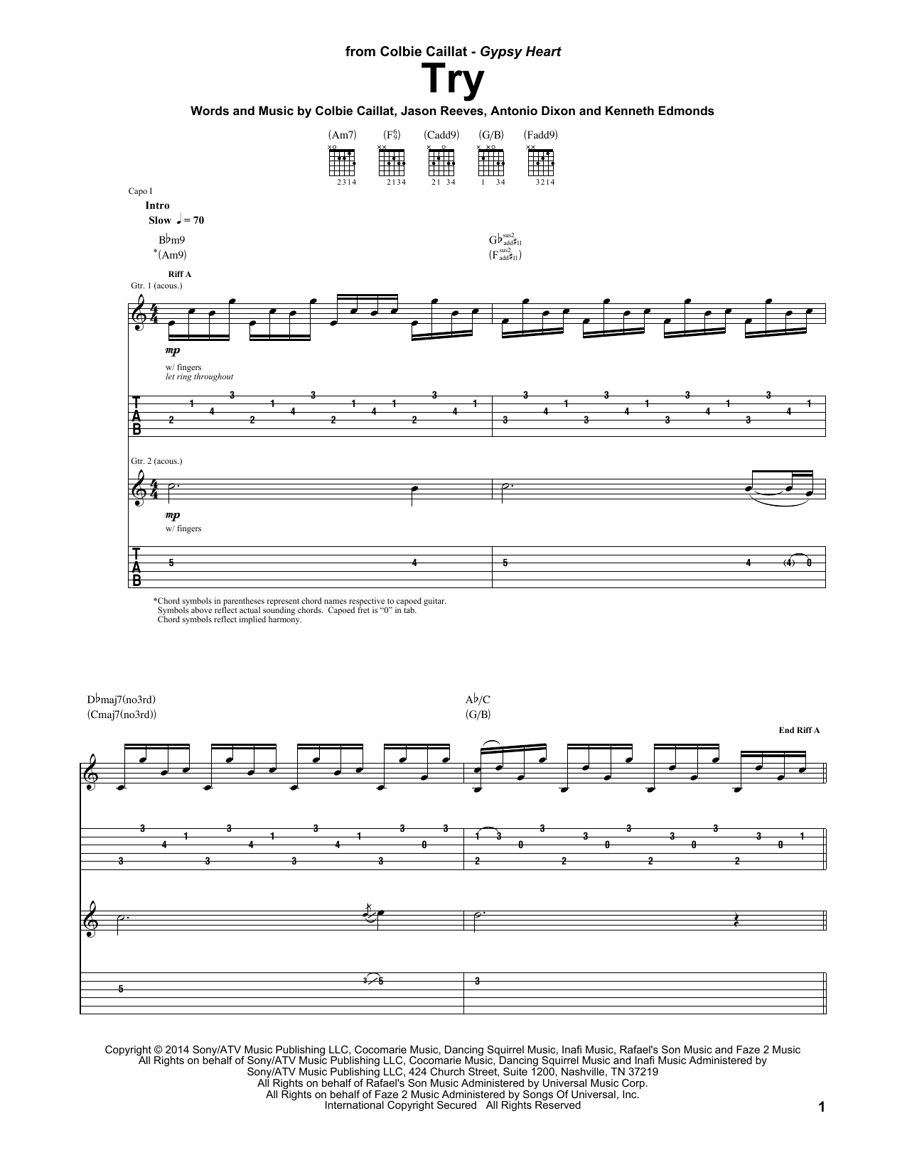 Colbie Caillat Try sheet music notes and chords arranged for Guitar Tab