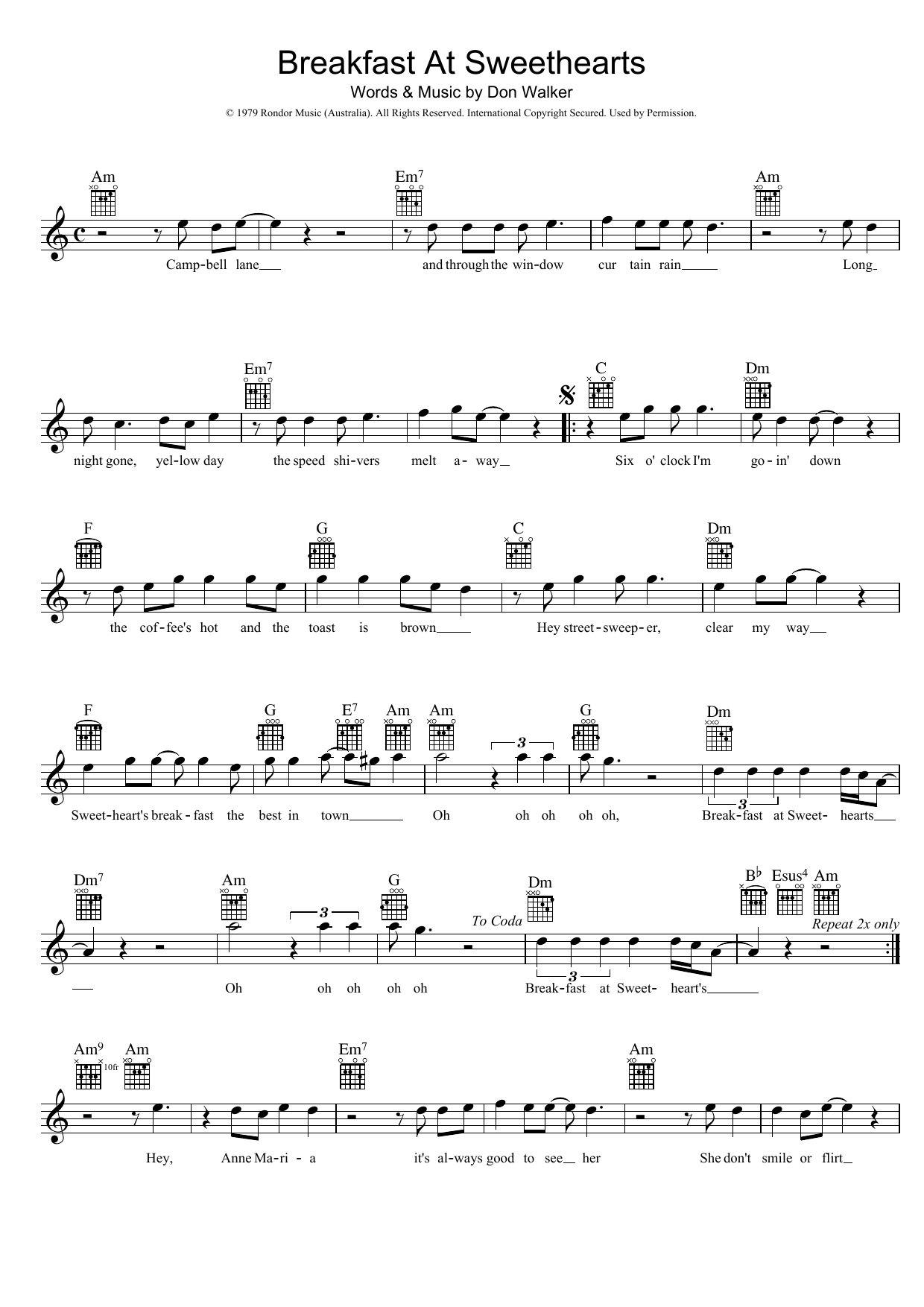 Cold Chisel Breakfast At Sweethearts sheet music notes and chords arranged for Lead Sheet / Fake Book