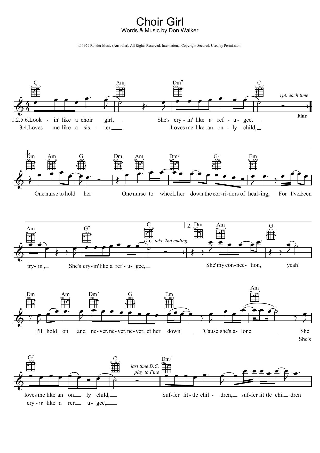 Cold Chisel Choir Girl sheet music notes and chords arranged for Beginner Piano