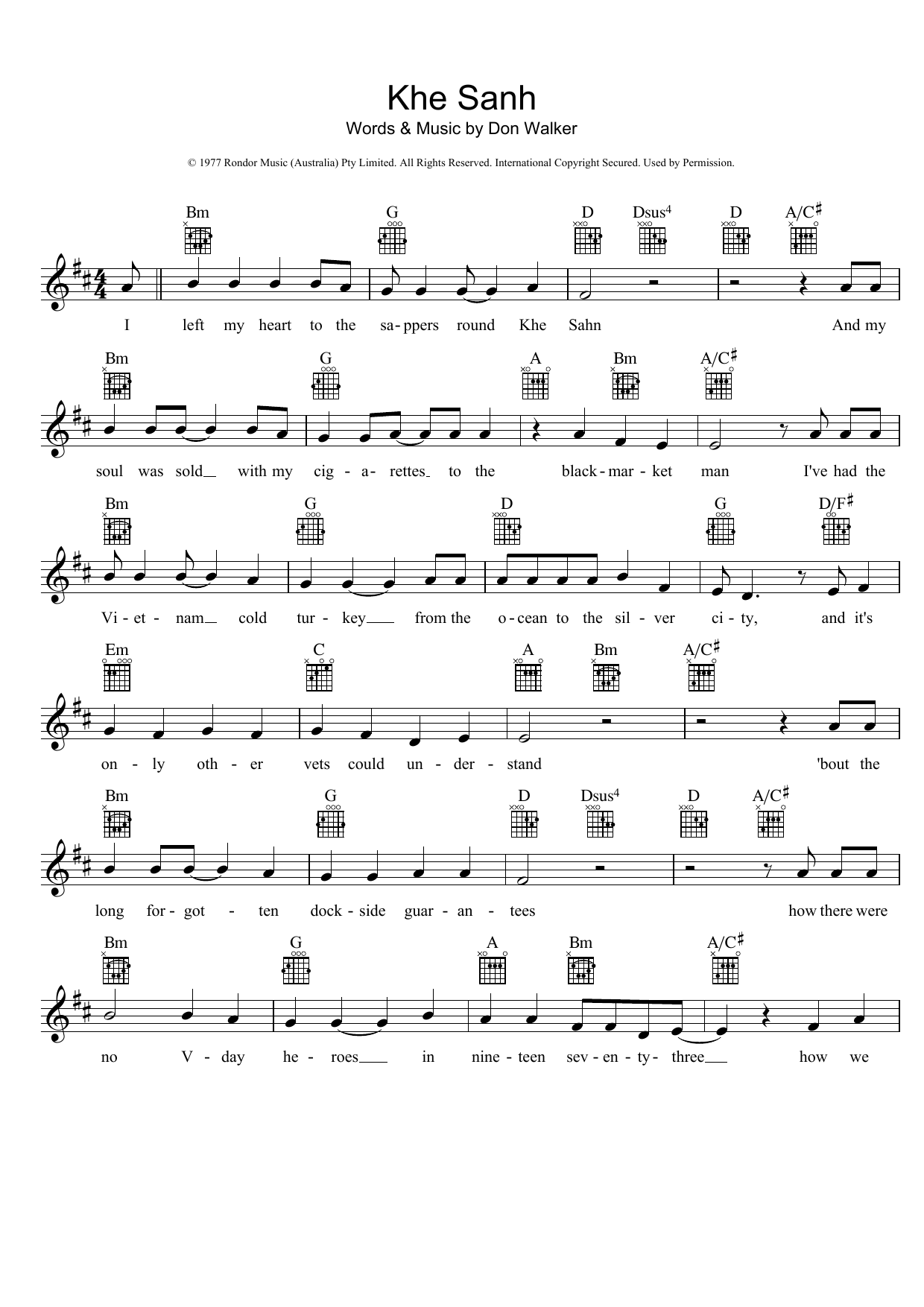 Cold Chisel Khe Sanh sheet music notes and chords arranged for Easy Piano