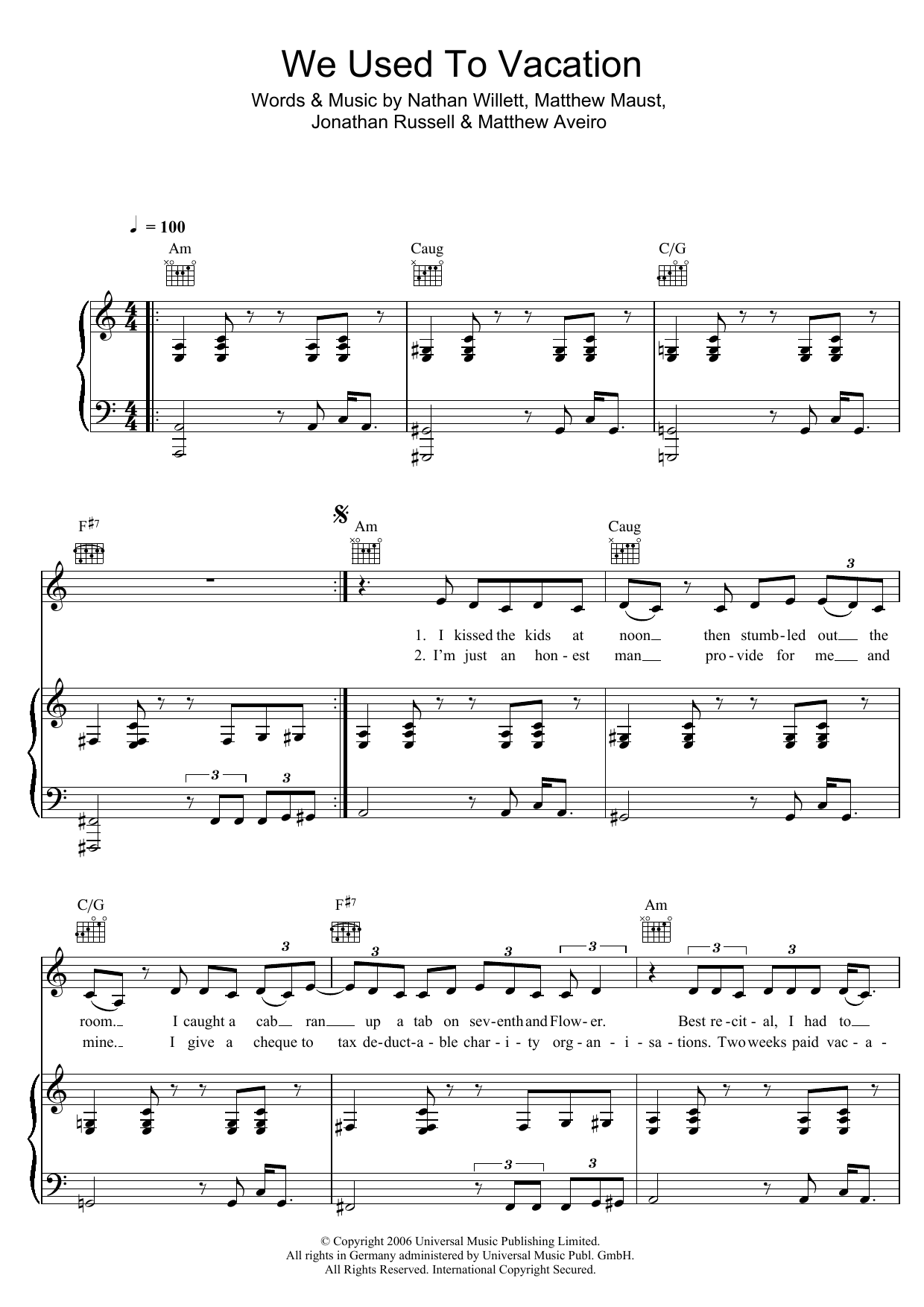 Cold War Kids We Used To Vacation sheet music notes and chords arranged for Piano, Vocal & Guitar Chords