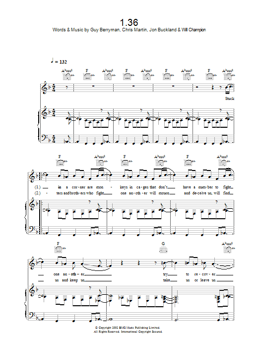Coldplay 1.36 sheet music notes and chords arranged for Lyrics Only