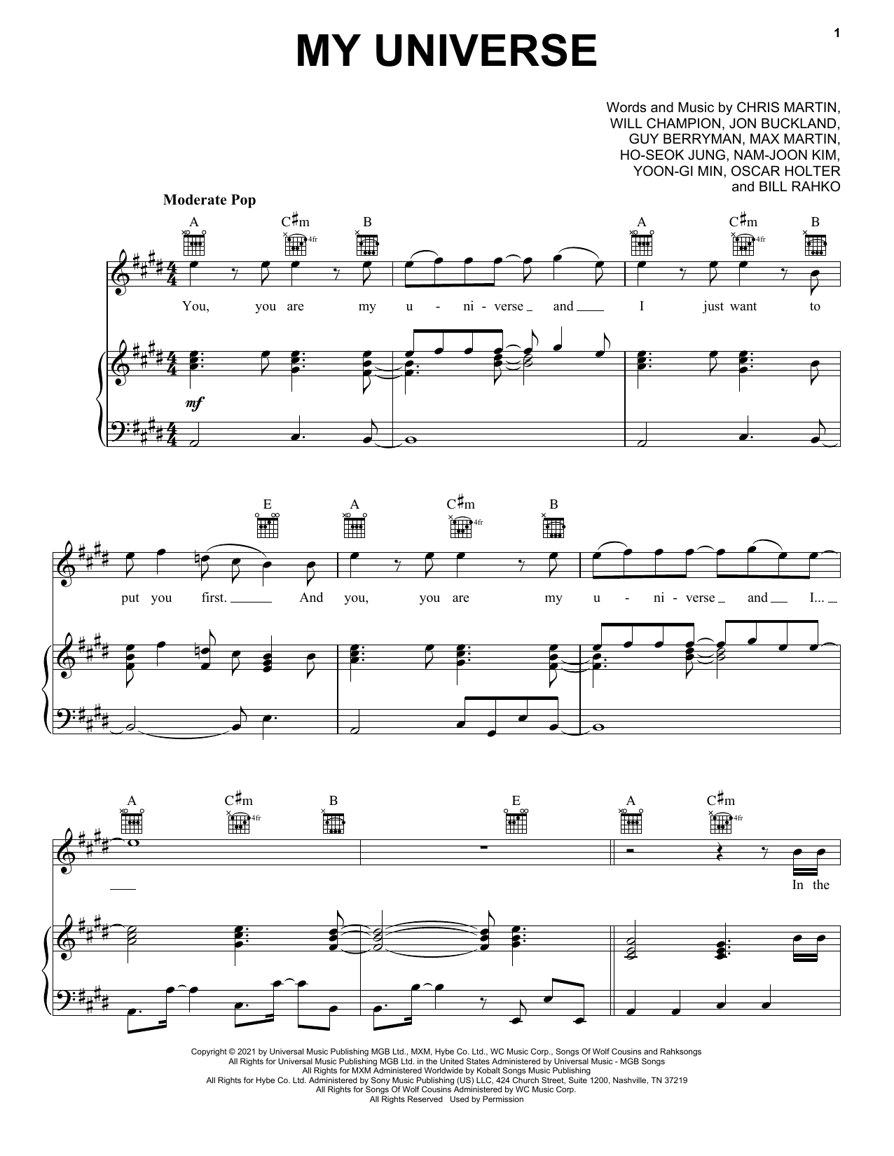 Coldplay & BTS My Universe sheet music notes and chords arranged for Easy Piano