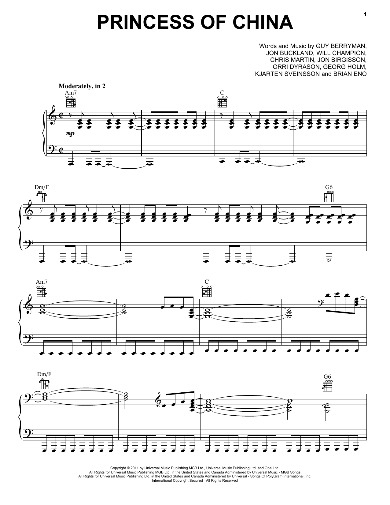 Coldplay & Rihanna Princess Of China sheet music notes and chords arranged for Piano, Vocal & Guitar Chords (Right-Hand Melody)