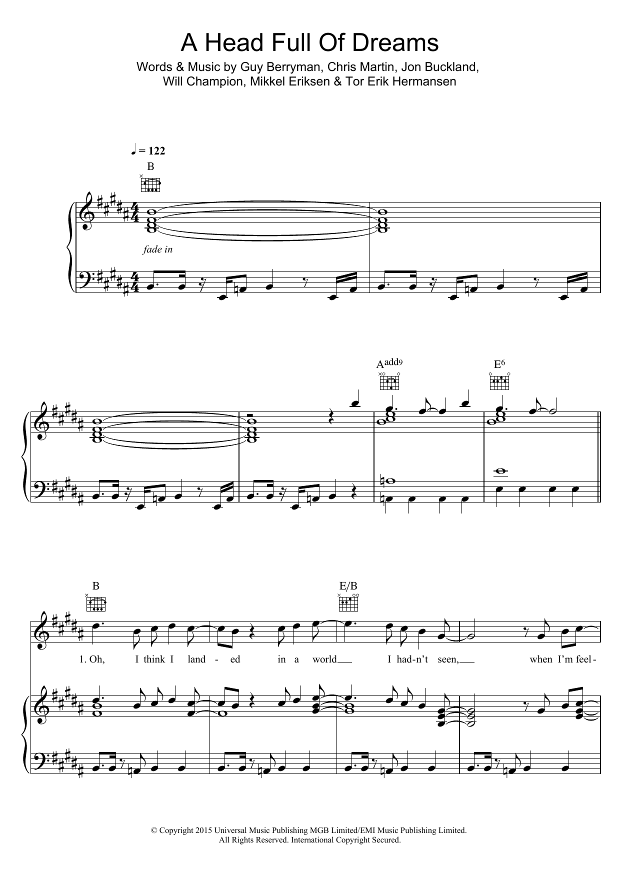 Coldplay A Head Full Of Dreams sheet music notes and chords arranged for Piano, Vocal & Guitar Chords