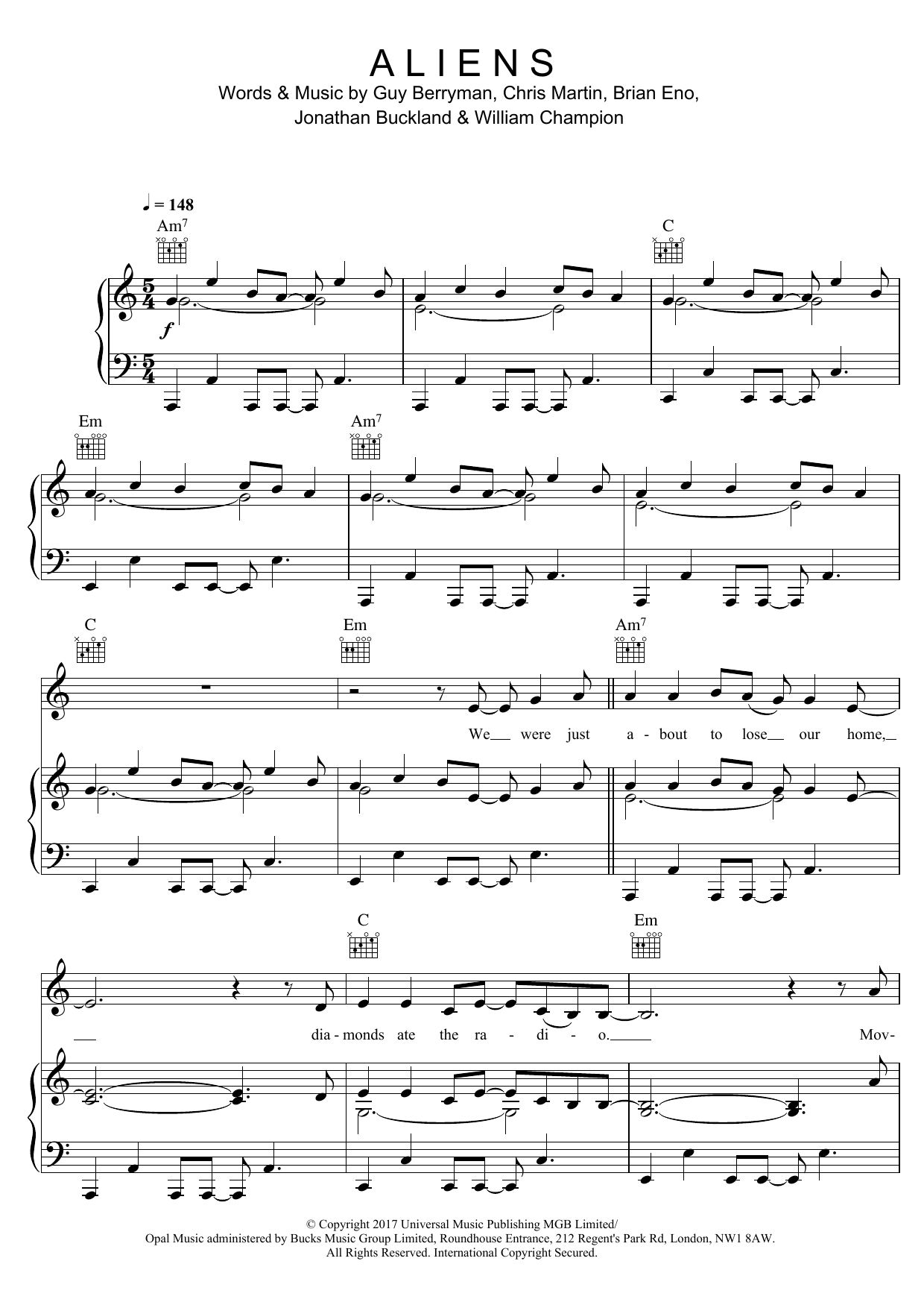 Coldplay A L I E N S sheet music notes and chords arranged for Piano, Vocal & Guitar Chords