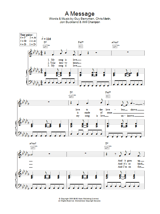 Coldplay A Message sheet music notes and chords arranged for Piano Chords/Lyrics