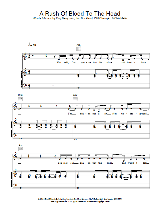 Coldplay A Rush Of Blood To The Head sheet music notes and chords arranged for Piano Chords/Lyrics