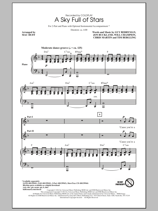 Coldplay A Sky Full Of Stars (arr. Mac Huff) sheet music notes and chords arranged for 2-Part Choir