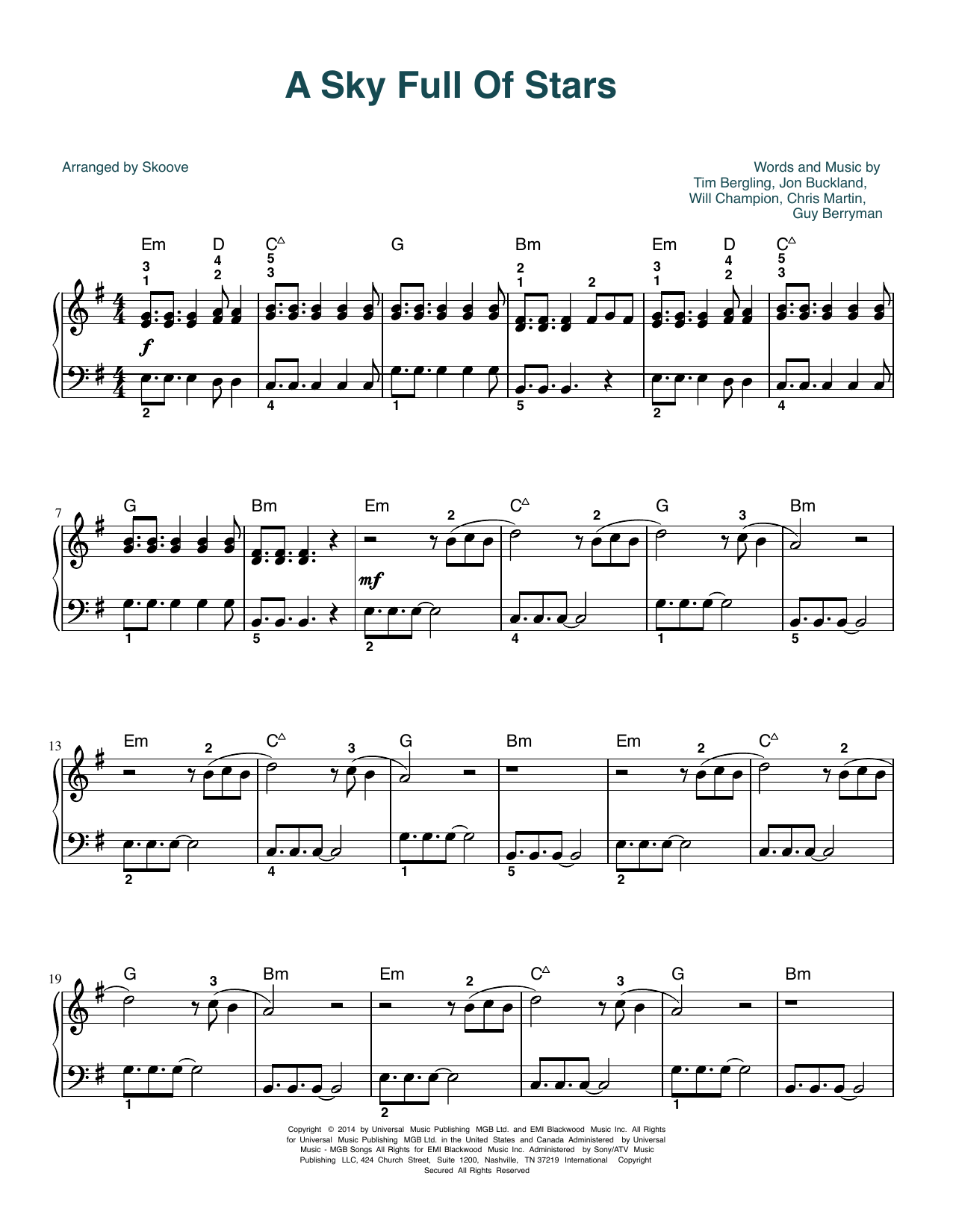 Coldplay A Sky Full Of Stars (arr. Skoove) sheet music notes and chords arranged for Easy Piano