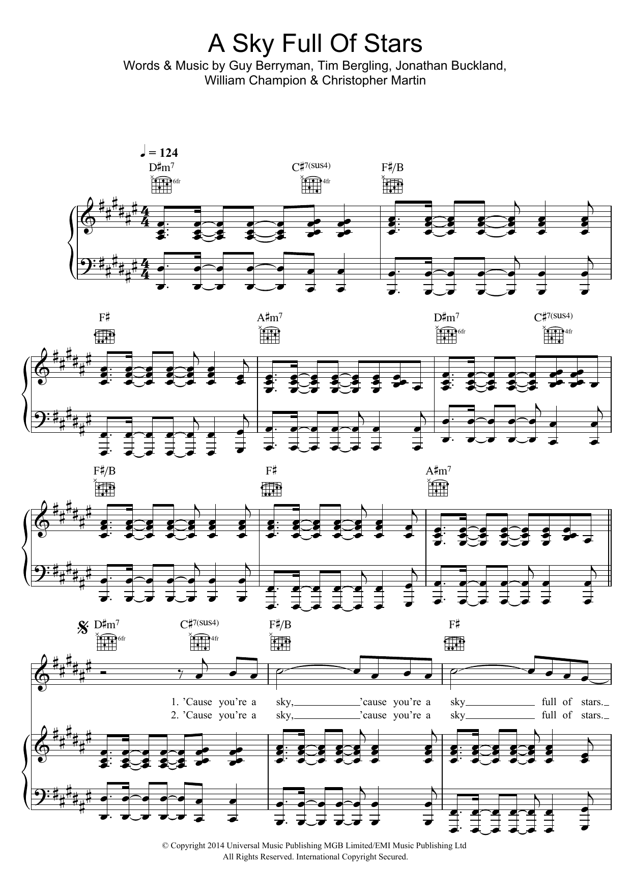 Coldplay A Sky Full Of Stars sheet music notes and chords arranged for 5-Finger Piano