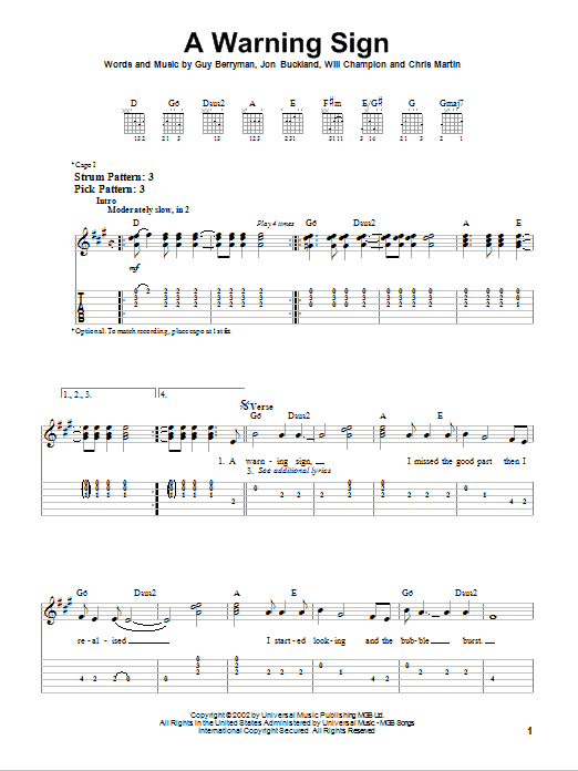 Coldplay A Warning Sign sheet music notes and chords arranged for Ukulele