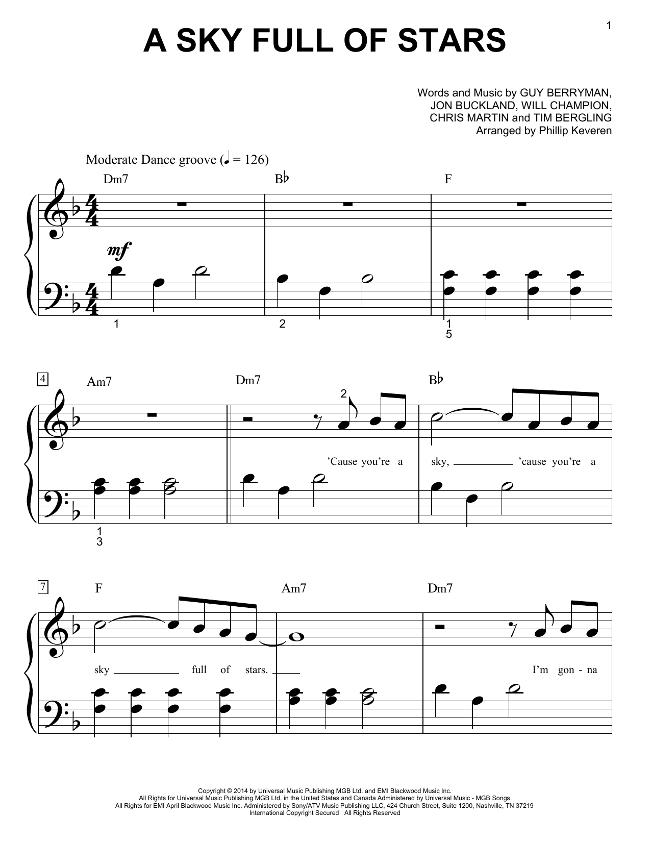 Coldplay A Sky Full Of Stars (arr. Phillip Keveren) sheet music notes and chords arranged for Big Note Piano