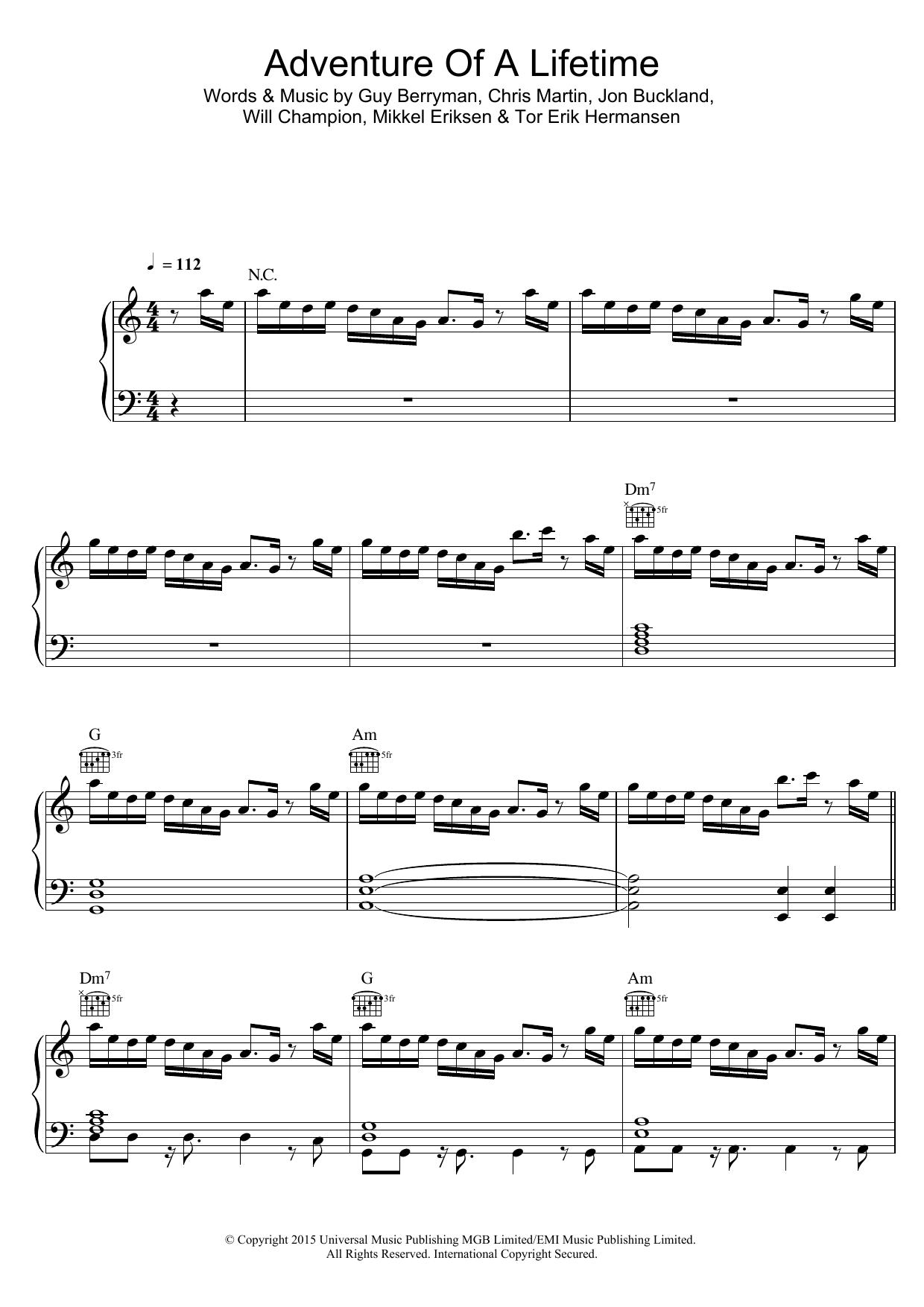 Coldplay Adventure Of A Lifetime sheet music notes and chords arranged for Piano, Vocal & Guitar Chords